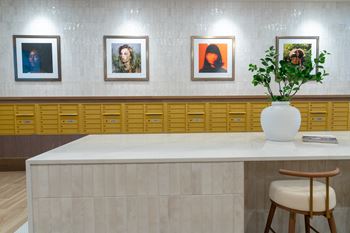 A white reception desk with a plant on top and three framed pictures on the wall.